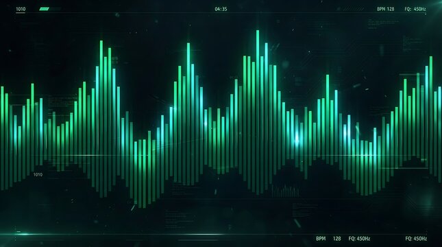 Digital pulse pattern with bars representing data visualization in a dark tech environment with glowing neon effects