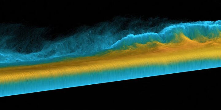 Navier stokes fluid dynamics simulation showing a glowing cyan and yellow boundary layer tripping into turbulence for engineering backgrounds
