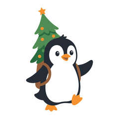 Fototapeta premium Cute penguin carrying Christmas tree vector cartoon design