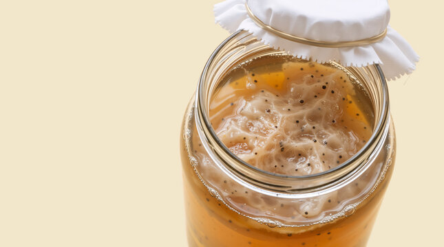 Kombucha SCOBY fermenting in glass jar with white cloth lid