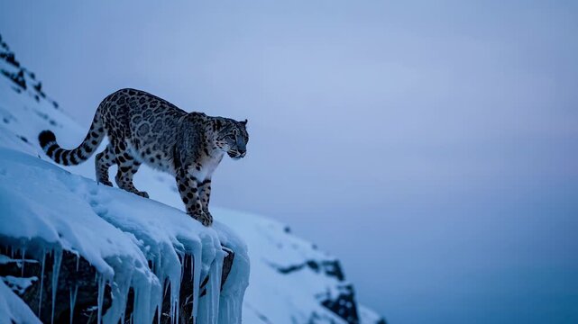 Snow Leopard Walking on Icy Cliff Edge.