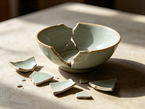 A broken bowl on the table.