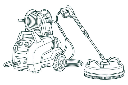 Industrial pressure washer machine vector outline illustration for cleaning design.
