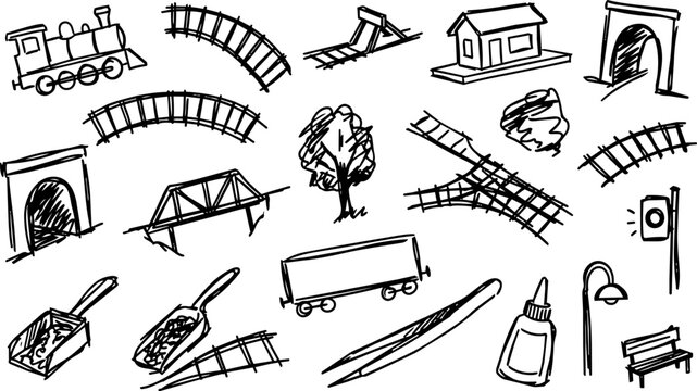 Hand Drawn Model Railway and Toy Train Elements Doodle Set with Locomotive, Tracks, Bridges, Tunnels, and Modeling Tools Vector Illustration