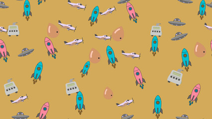 Pink and blue rockets, airplanes, UFOs, and abstract shapes pattern © aram