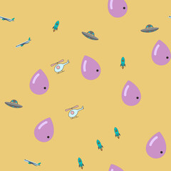 Seamless pattern of aircraft, rockets, UFOs, and teardrops © aram
