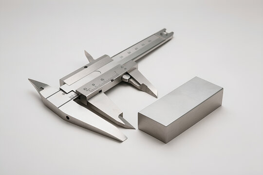 polished stainless-steel caliper and precision gauge block on drafting surface