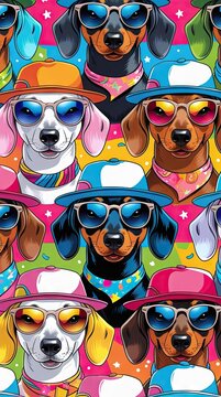 Colorful illustration of various dogs wearing sunglasses and hats against a vibrant, multicolored background featuring playful patterns and designs