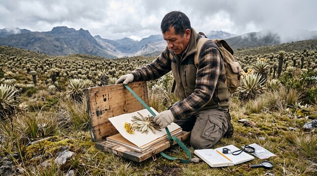 Botanist studying frailejones in the andean paramo ecosystem