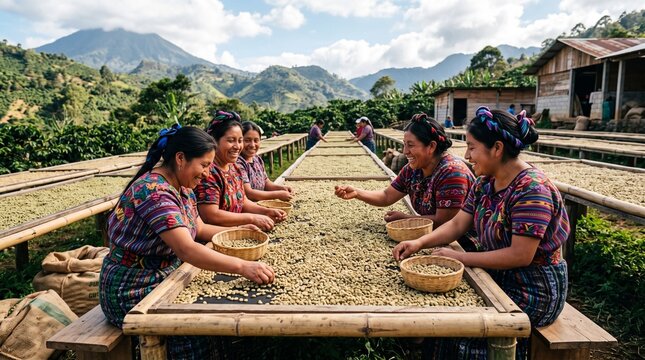 Indigenous women sorting coffee beans on drying racks