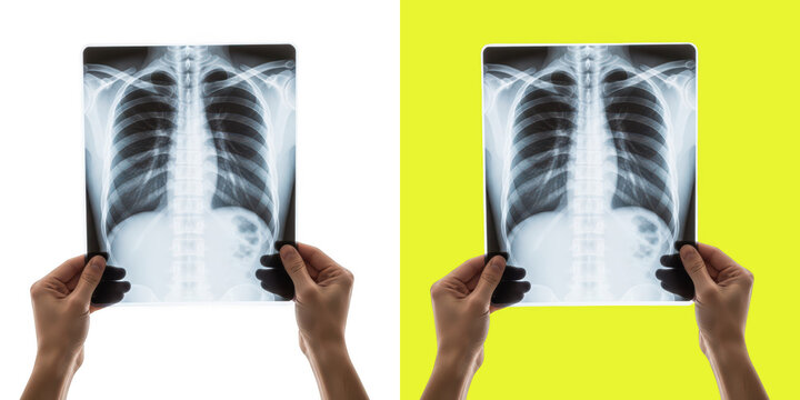 Hands holding human chest x-ray film on background