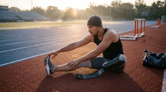 Amputee athlete stretching on a running track at sunrise