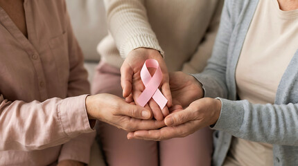 Plakat Three women holding pink ribbon supporting breast cancer awareness month concept