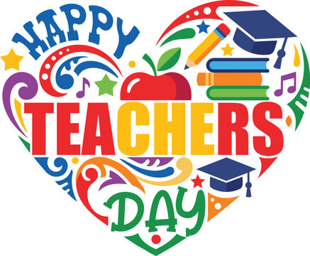 Happy Teachers Day colorful heart shaped typography design with school supplies and graduation caps