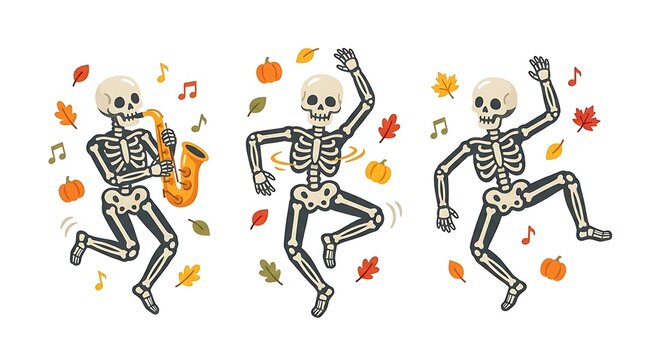 Three funny skeletons dancing and playing saxophone with colorful autumn leaves and pumpkins for halloween celebration design elements set