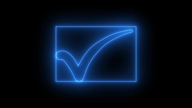 glowing neon  color checkmark tick symbol success approval correct sign intro template and a rectangel starts at the same time animation, on a black background 4k video  motion graphics.