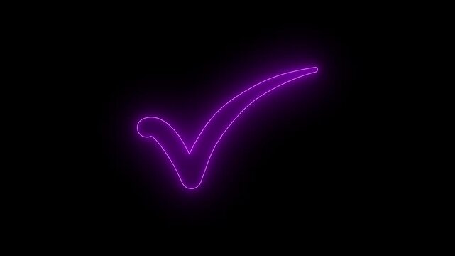 glowing neon magenta color checkmark tick symbol success approval correct sign intro template animation, on a black background 4k video  motion graphics.