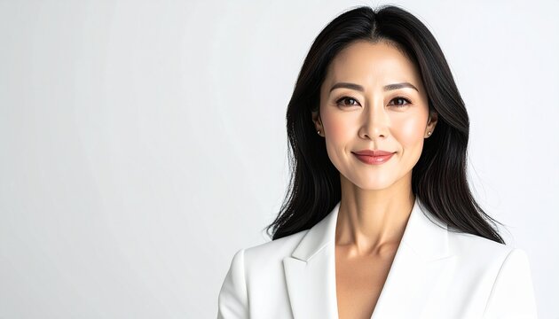 安心感のある微笑みの30代女性フルフェイスポートレート（白背景）