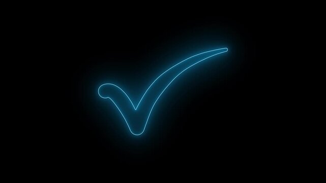 glowing neon  cyan color checkmark tick symbol success approval correct sign intro template animation, on a black background 4k video  motion graphics.