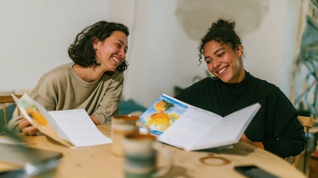 Open planners with blank weekly spreads on a light oak table, two young women chatting in a cozy lived-in flat for habit and planning