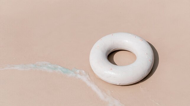 Concrete swim ring resting on wet golden sand by the sea, a heavy textured object with shells for insurance and risk concept with copy space