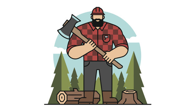 Muscular bearded lumberjack holding large axe standing in pine tree forest with felled logs and tree stump.
