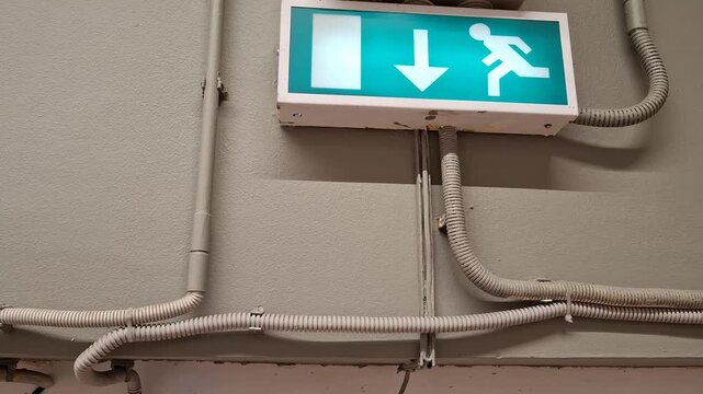 A beige wall with white pipes and a utility room, an industrial interior detail, a functional building element. Evacuation exit sign, emergency exit.