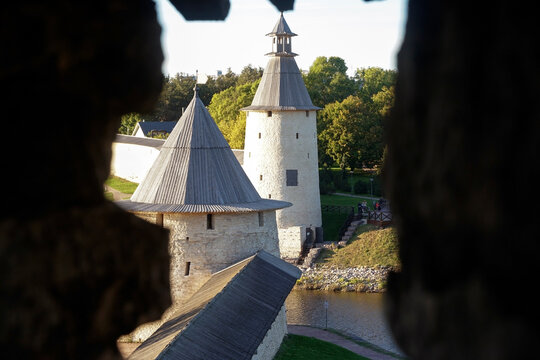 Pskov. Pskov Kremlin (Pskov Krom). View of the watchtowers through an embrasure in the wall.