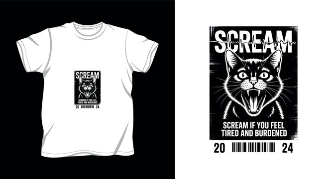White t shirt mock up with screaming cat and barcode typography graphic print.