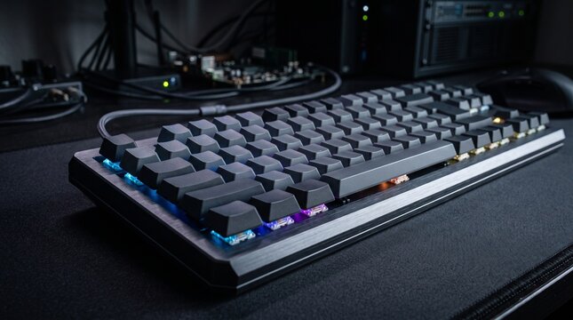 Modern mechanical keyboard with customizable RGB backlighting on a desk with computer equipment