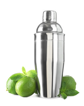 Shaker, mint and limes isolated on white