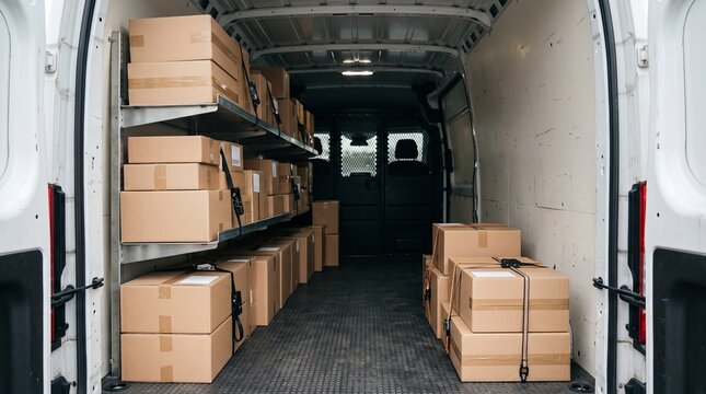 Inside view of a delivery van filled with stacked cardboard boxes ready for distribution