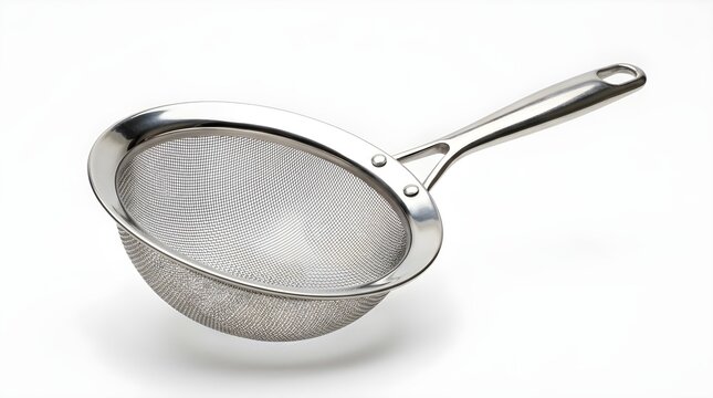 Professional grade stainless steel kitchen sieve and fine mesh strainer with handle for sifting ingredients isolated on white background