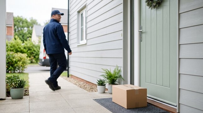 Delivery driver leaves package on doorstep of suburban house