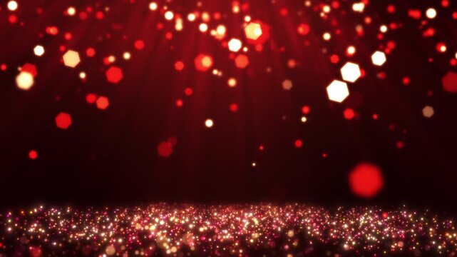 Red and gold particle wave animation with magical light rays for luxury stage background.