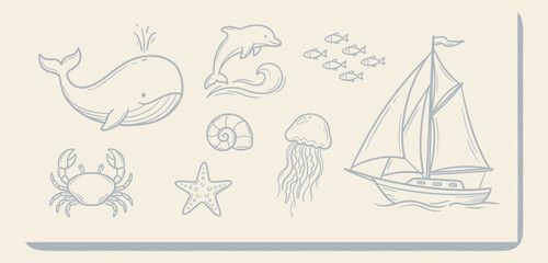 Obraz premium Hand drawn marine life and sea elements vector illustration in blue ink on a light background