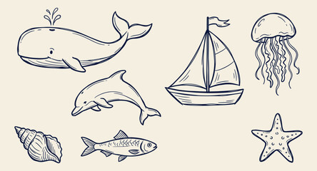 Fototapeta premium Hand drawn marine life and sea elements vector illustration in blue ink on a light background