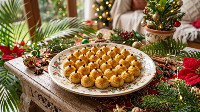 Festive Christmas Table Setting with Pineapple Tarts and Decorations