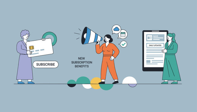 Women presenting modern subscription benefits with credit card megaphone and digital newsletter on screen.