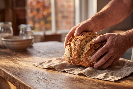 Baker holding a freshly baked loaf of crusty artisan sourdough bread on a rustic wooden table in a bakery