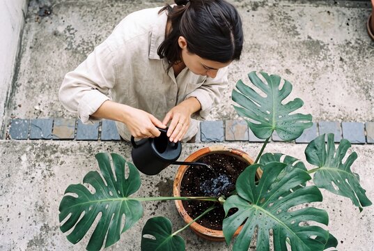 Young woman watering a potted monstera plant with a black watering can on an outdoor stone patio