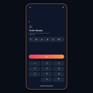 Verify identity screen inputting temporary PIN. Mobile application interface. Dark mode security layout. Dark navy smartphone keypad UI. Passcode authentication page. User authorization component
