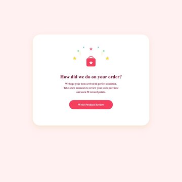 Order review request modal popup window. Minimalist UI layout template. Product feedback prompt. Ecommerce store rating popup. Clean rounded card graphic. Button element. Modern web design