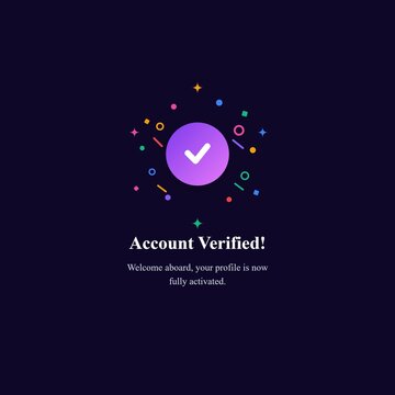 Animated account verified popup notification. Purple checkmark badge interface element. User profile activation screen. Dark mode security success UI. Floating modal window design. Modern app graphic 
