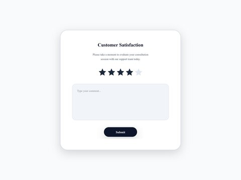 Customer satisfaction feedback modal. 4 star rating UI component. Dark review popup card. Clean user experience template. Minimal submit button design. App feedback dialogue window. White card layout