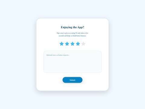 App feedback survey popup. Blue 4 star rating UI modal. User review form component. Clean light theme design. App store review card. Interactive customer feedback window. Light blue interface popup
