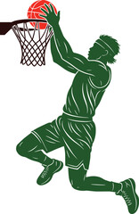 Male basketball player jumping slam dunking ball into hoop rim silhouette dynamic posture flat sketch vector illustration isolated on white background © Tanne