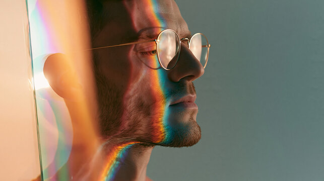 Close-up profile portrait of a young man wearing round glasses illuminated by vibrant prismatic rainbow light refractions and spectrum color streaks on his face and beard