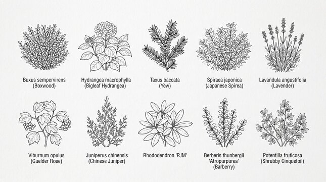 Set of botanical ink sketches of garden shrubs and herbs on white background