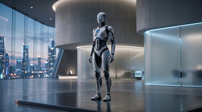 Futuristic humanoid robot standing in a modern office lobby with city skyline view